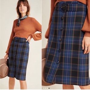 Anthropologie Maeve Bernadette Button Front Plaid Belted Pencil Skirt
